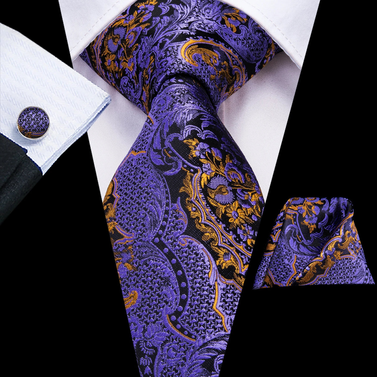 blue gold black flower pattern necktie set