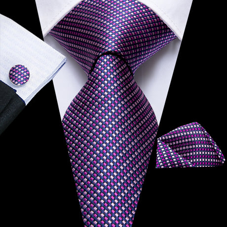 pink purple white black square pattern necktie set