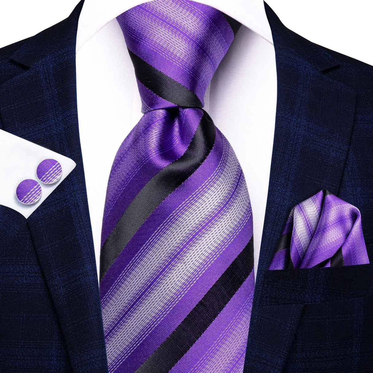 black purple white line pattern necktie set