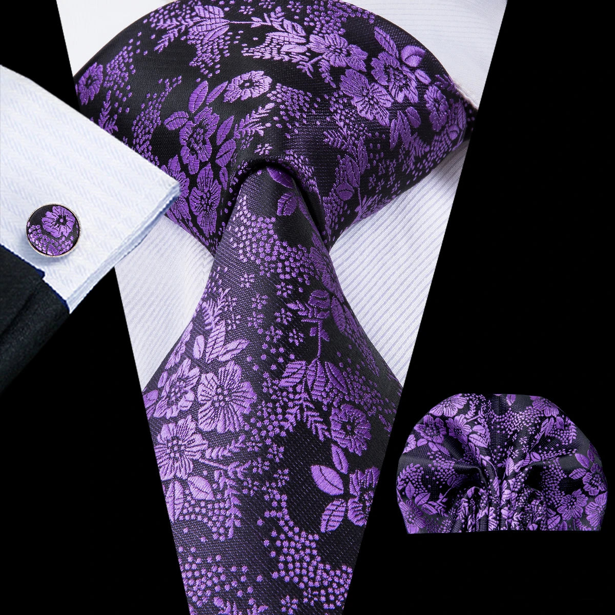 black purple flower pattern necktie set