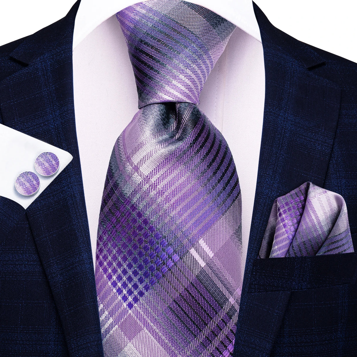 purple blue black stripe pattern necktie set