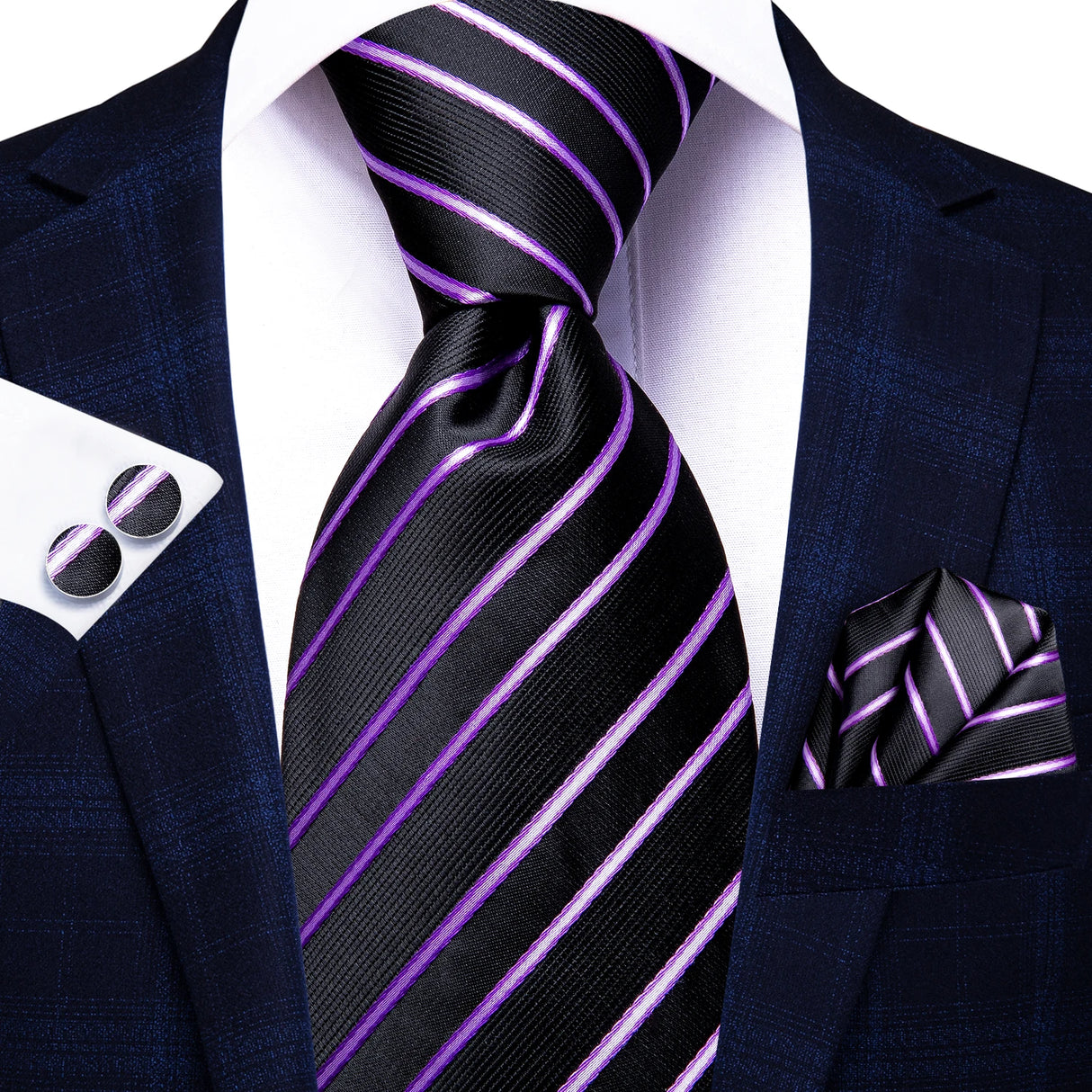 black purple line pattern necktie set