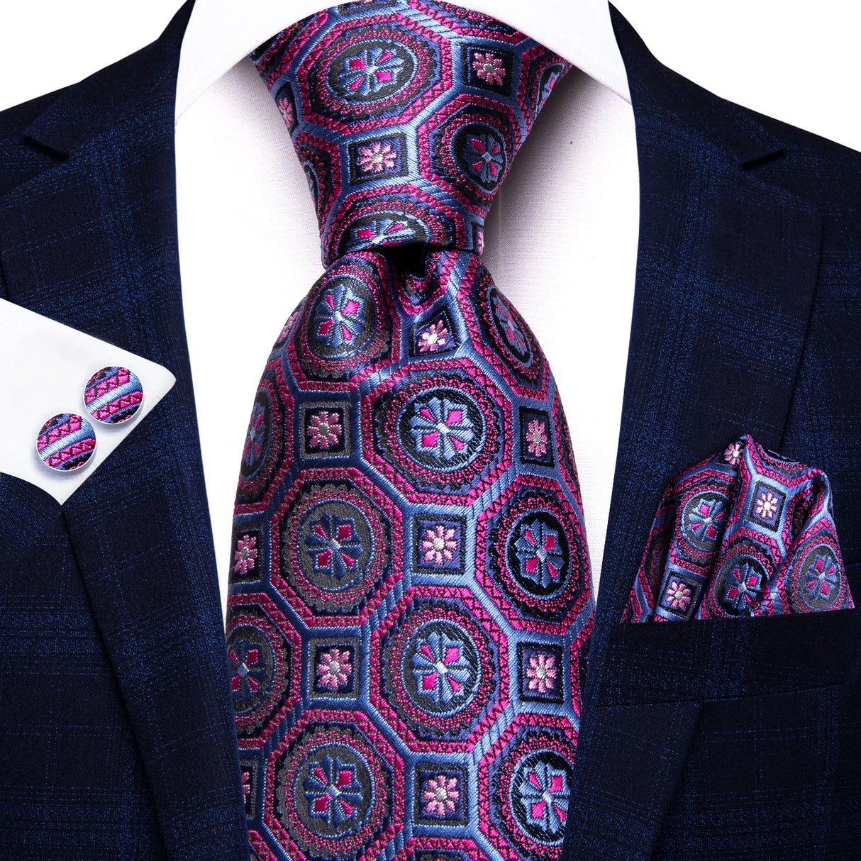 blue pink purple black flower pattern necktie set
