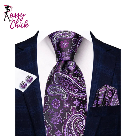 Hanky Cufflink Purple Floral Striped Paisley Silk Wedding Tie Sassy Chick Logo