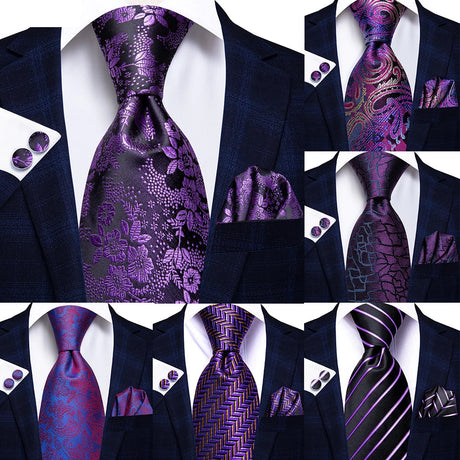 Collection of Hanky Cufflink Purple Floral Striped Paisley Silk Wedding Tie