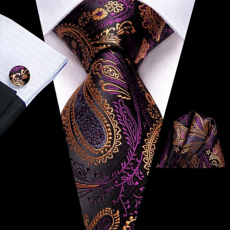 Hanky Cufflink Purple Floral Striped Paisley Silk Wedding Tie