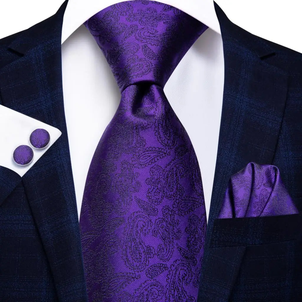 Hanky Cufflink Purple Floral Striped Paisley Silk Wedding Tie