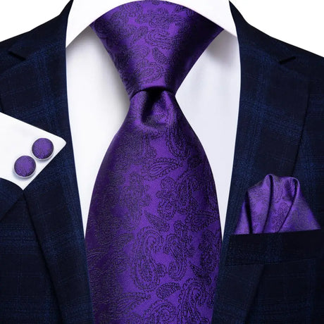 Hanky Cufflink Purple Floral Striped Paisley Silk Wedding Tie