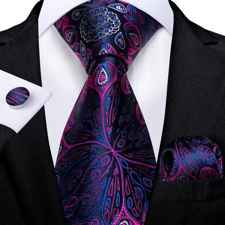 Hanky Cufflink Purple Floral Striped Paisley Silk Wedding Tie