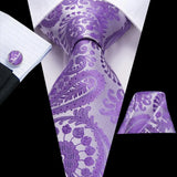 Hanky Cufflink Purple Floral Striped Paisley Silk Wedding Tie