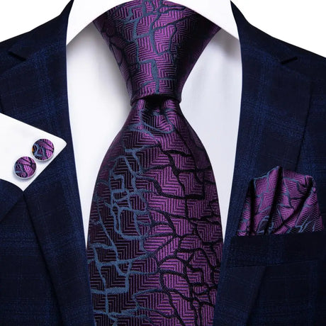 Hanky Cufflink Purple Floral Striped Paisley Silk Wedding Tie