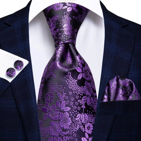 Hanky Cufflink Purple Floral Striped Paisley Silk Wedding Tie