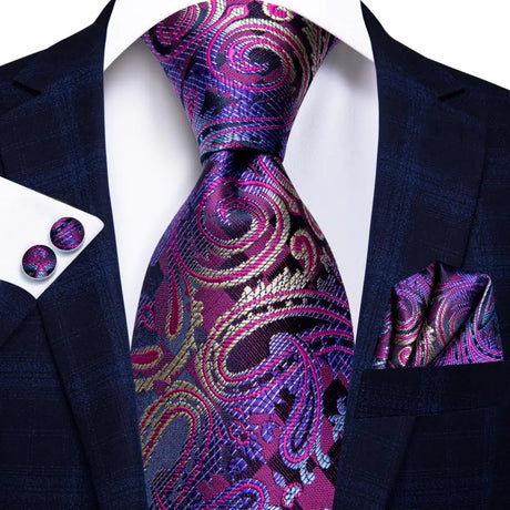 Hanky Cufflink Purple Floral Striped Paisley Silk Wedding Tie