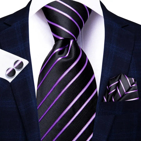 Hanky Cufflink Purple Floral Striped Paisley Silk Wedding Tie