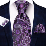 Hanky Cufflink Purple Floral Striped Paisley Silk Wedding Tie