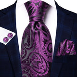 Hanky Cufflink Purple Floral Striped Paisley Silk Wedding Tie