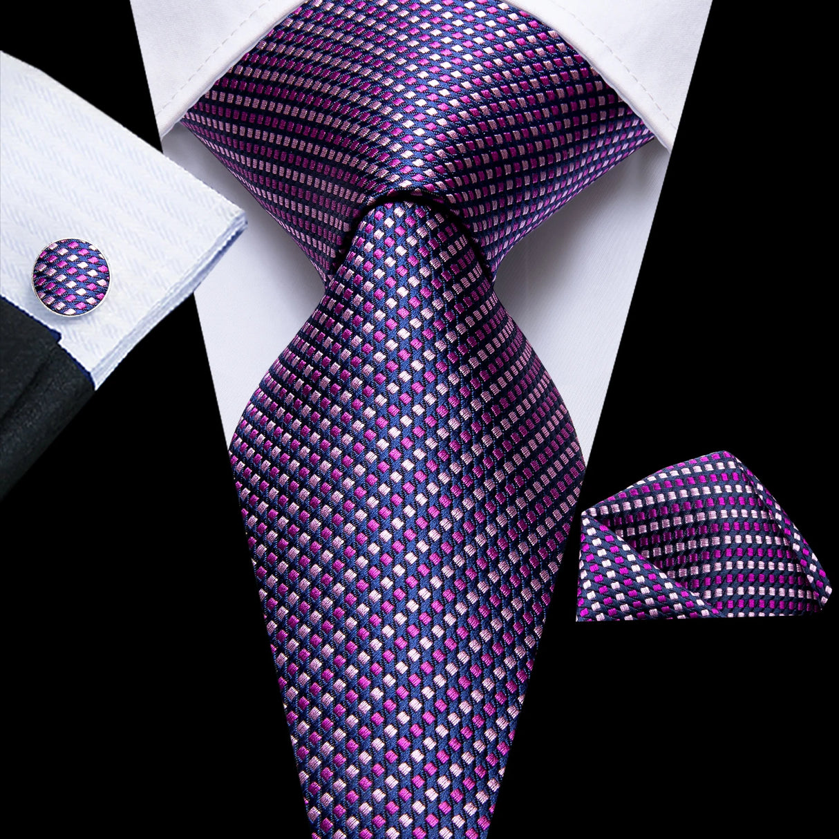 pink purple white black square pattern necktie set