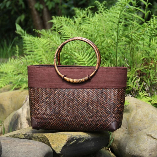 rattan weave wooden handbag