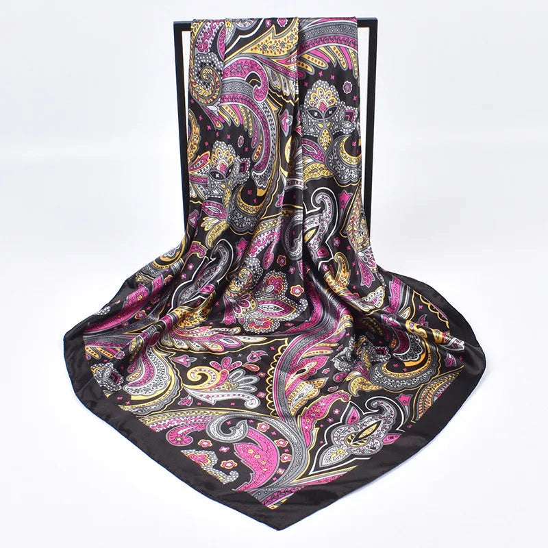 Black Headband Foulard Satin 90*90cm Silk Shawl Square Scarf