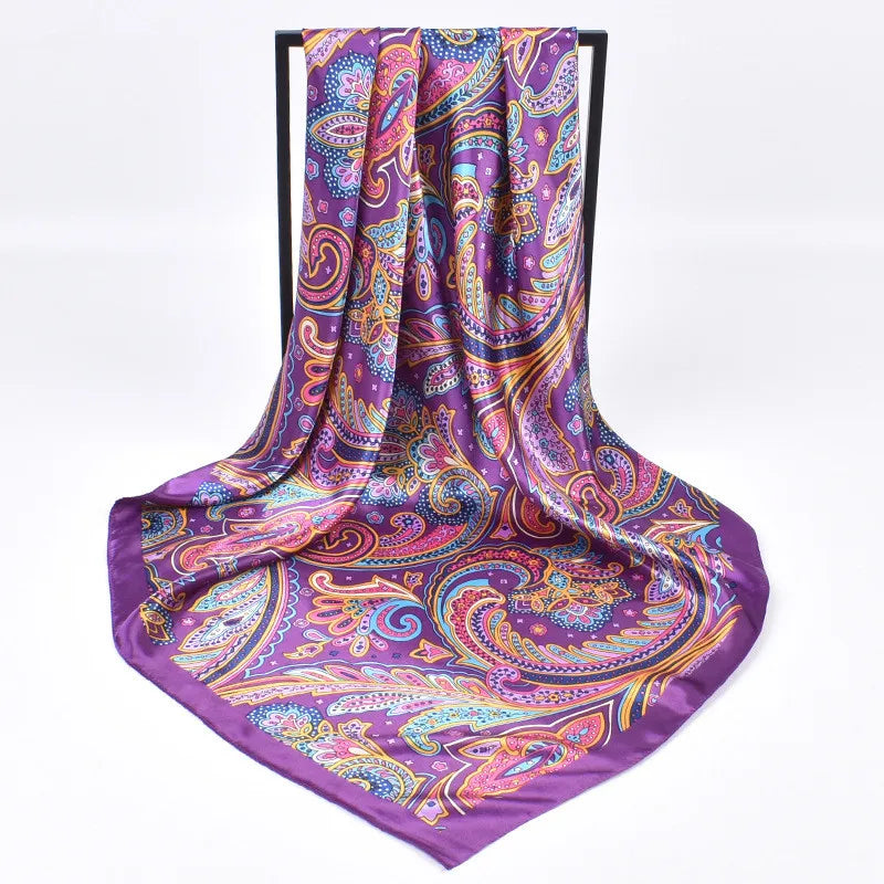 Purple Headband Foulard Satin 90*90cm Silk Shawl Square Scarf