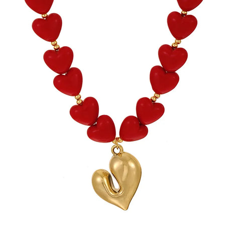 Red Heart Shaped Resin Love Beaded Necklace