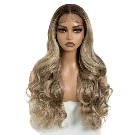 Ash Blonde Heat Resistant 24 Inch Long Wavy Synthetic Lace Front Wig