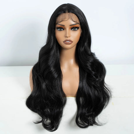 Black Heat Resistant 24 Inch Long Wavy Synthetic Lace Front Wig