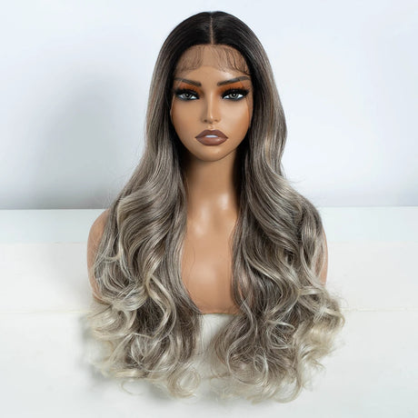 Ash Gray Heat Resistant 24 Inch Long Wavy Synthetic Lace Front Wig