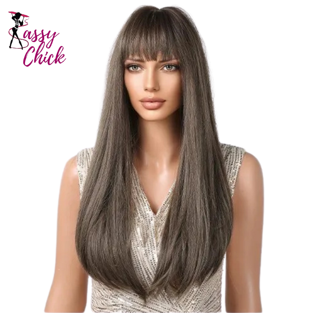Heat Resistant Long Straight With Flat Bang Natural Looking Fiber Wig Sassy Chick Logo