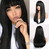 Black Heat Resistant Long Straight With Flat Bang Natural Looking Fiber Wig