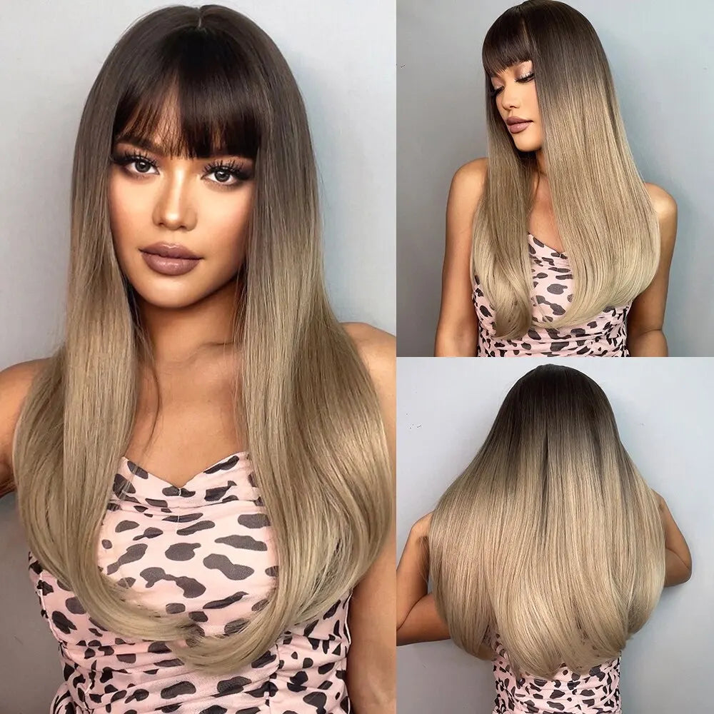 Blonde Heat Resistant Long Straight With Flat Bang Natural Looking Fiber Wig