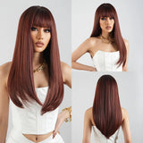 Brown Heat Resistant Long Straight With Flat Bang Natural Looking Fiber Wig