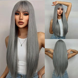 Gray Heat Resistant Long Straight With Flat Bang Natural Looking Fiber Wig