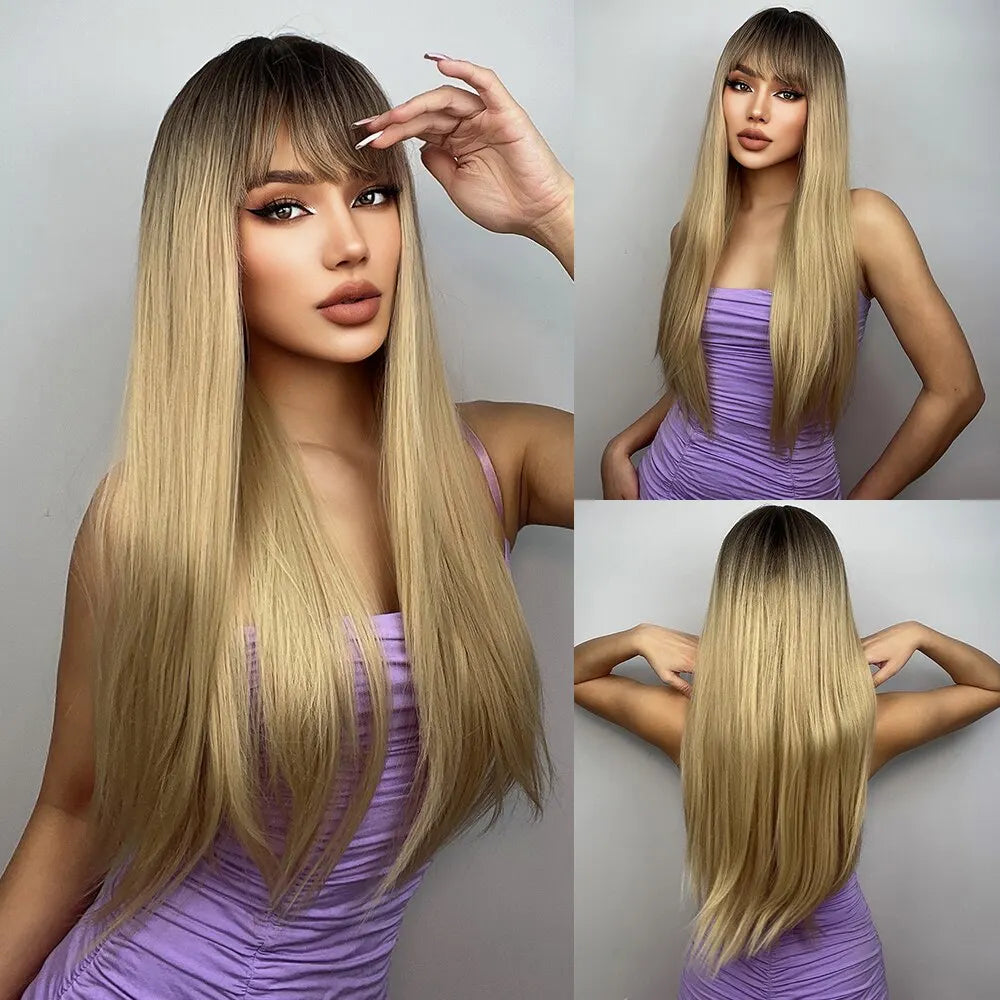 Blonde Heat Resistant Long Straight With Flat Bang Natural Looking Fiber Wig