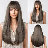 Gray Heat Resistant Long Straight With Flat Bang Natural Looking Fiber Wig