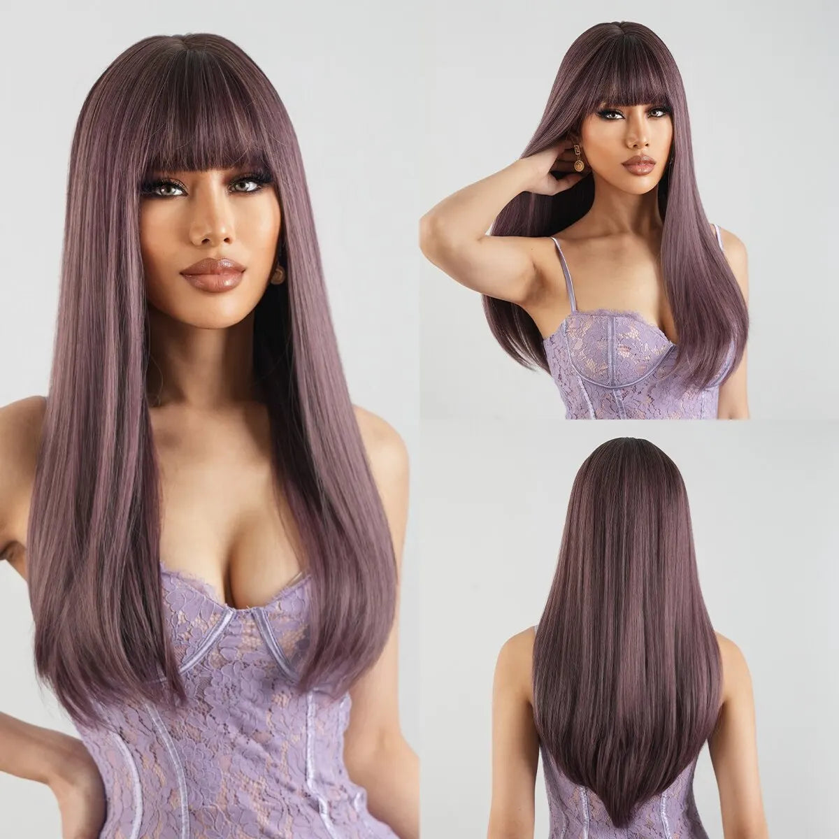 Purple Heat Resistant Long Straight With Flat Bang Natural Looking Fiber Wig