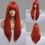 Red Heat Resistant Long Straight With Flat Bang Natural Looking Fiber Wig