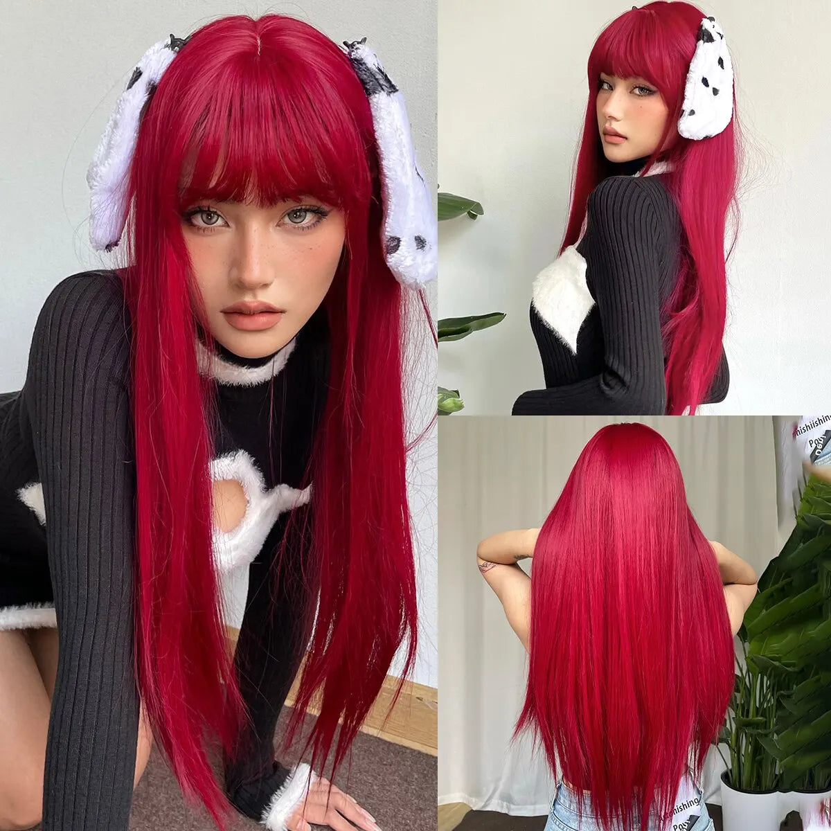 Red Heat Resistant Long Straight With Flat Bang Natural Looking Fiber Wig