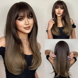Brown Heat Resistant Long Straight With Flat Bang Natural Looking Fiber Wig
