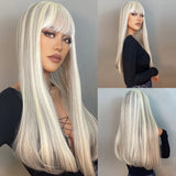 White Heat Resistant Long Straight With Flat Bang Natural Looking Fiber Wig