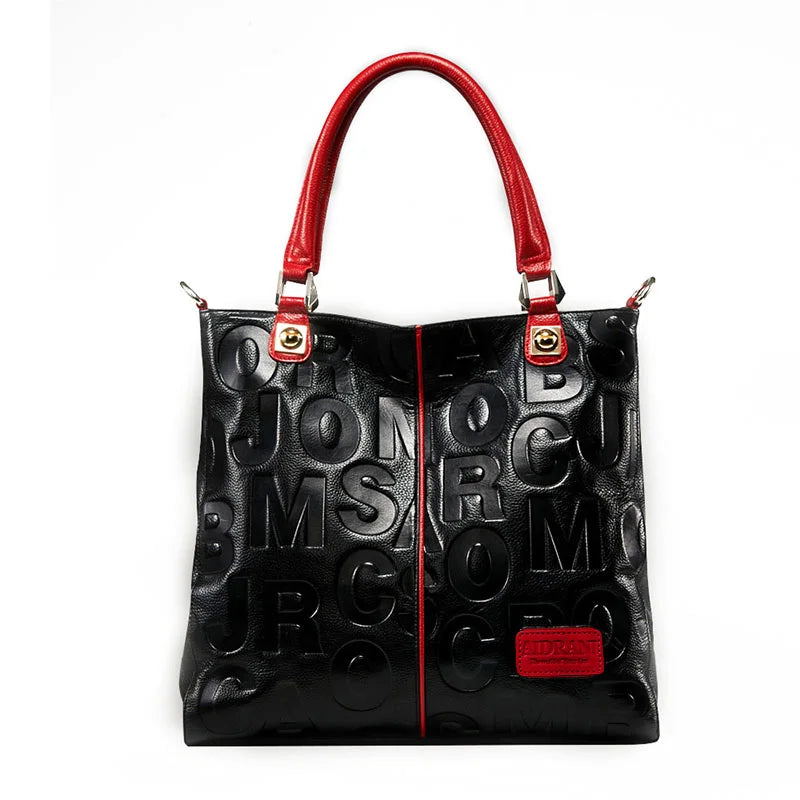 black red letter pattern handbag