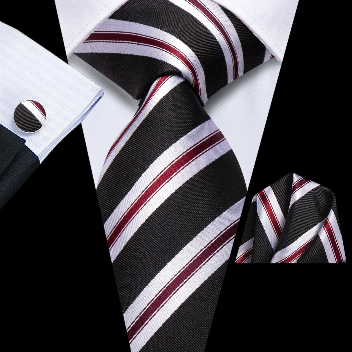 Black White High Quality Multi-Color Silk 8.5cm Formal Hanky Cufflinks Set