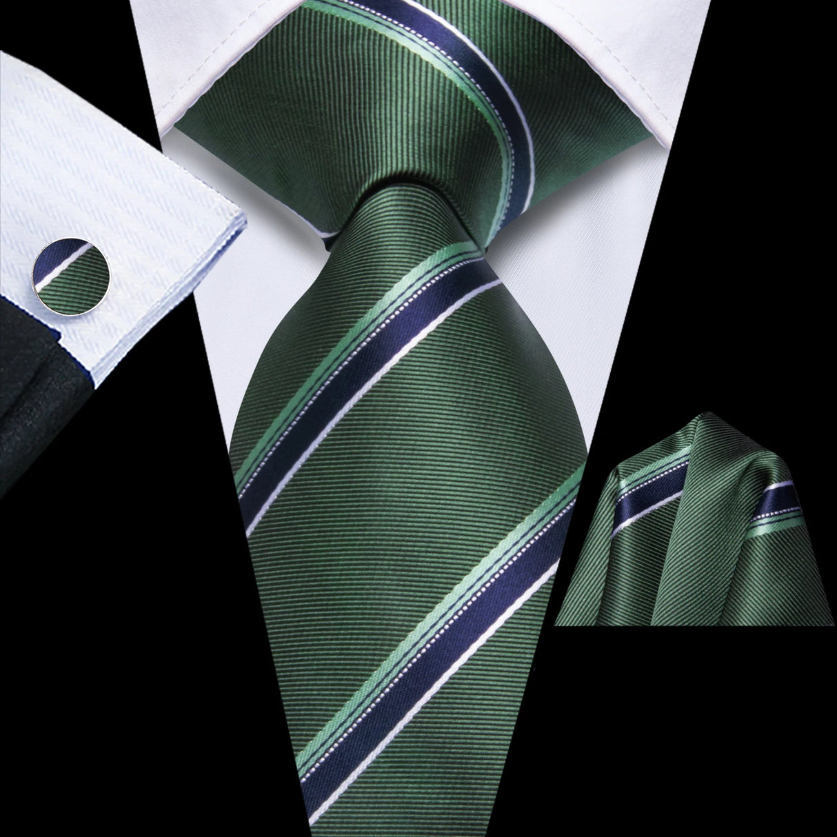 Green High Quality Multi-Color Silk 8.5cm Formal Hanky Cufflinks Set