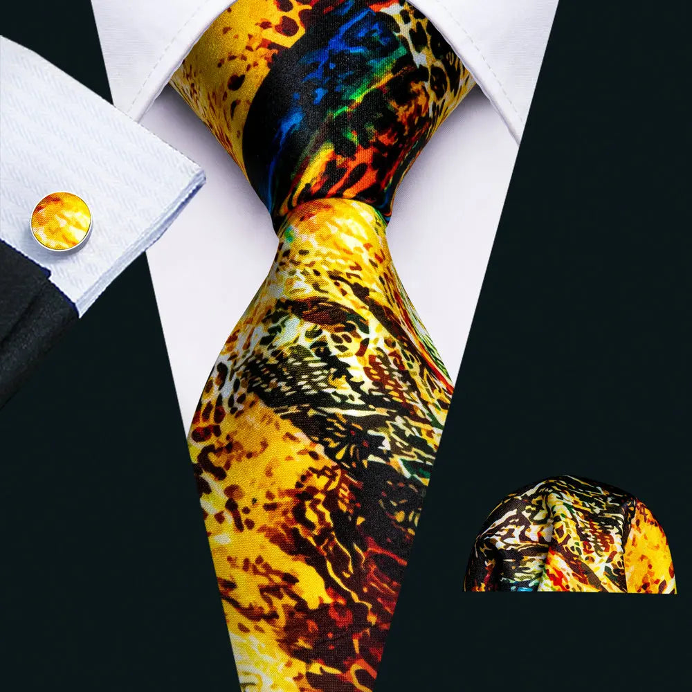 Yellow High Quality Pocket Square Cufflinks Silk Tie