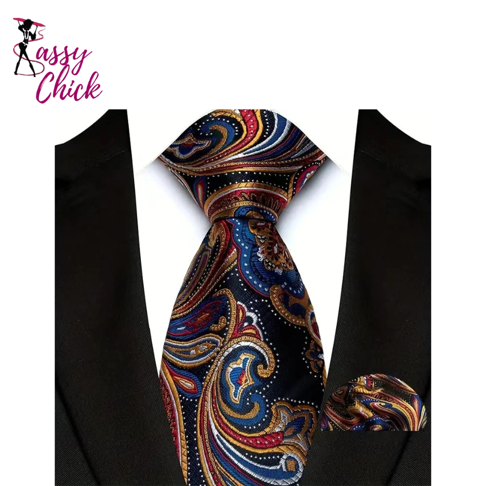 High Quality Wine Red Floral Dot Plaid Men Tie Pocket Square Set Sassy Chick Logo