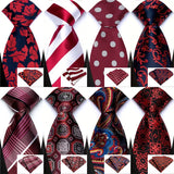 Collection of High Quality Wine Red Floral Dot Plaid Men Tie Pocket Square Set