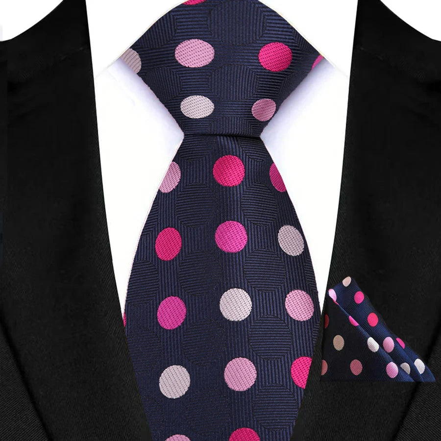 Blue High Quality Wine Red Floral Dot Plaid Men Tie Pocket Square Set