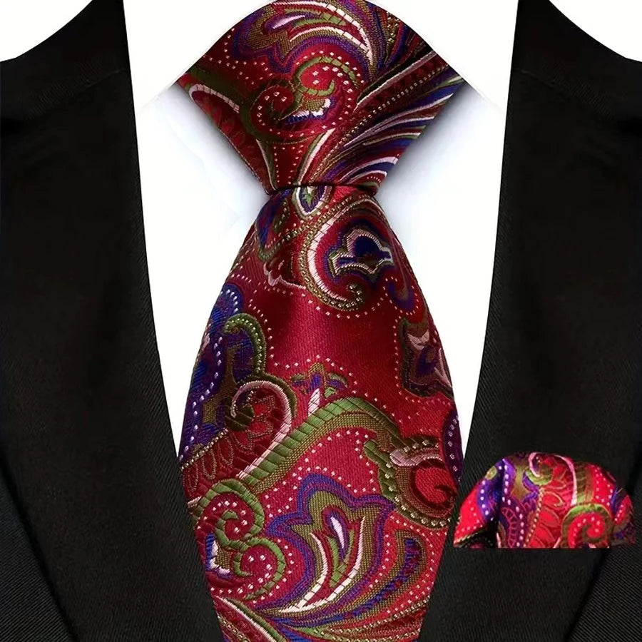 High Quality Wine Red Floral Dot Plaid Men Tie Pocket Square Set