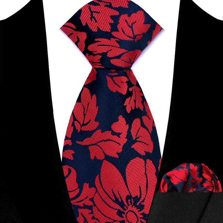 Red High Quality Wine Red Floral Dot Plaid Men Tie Pocket Square Set