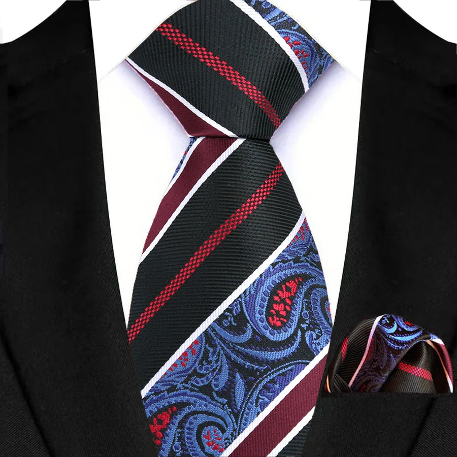 Black High Quality Wine Red Floral Dot Plaid Men Tie Pocket Square Set